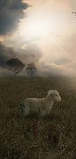 Sheep grazing in a tranquil twilight field.