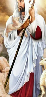 Shepherd standing with sheep in serene wallpaper.