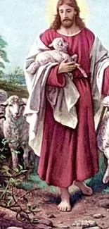 Shepherd with a lamb surrounded by a flock in nature.