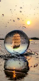 Ship reflected in a crystal sphere at sunset on the ocean.