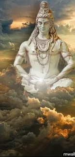 Lord Shiva sitting peacefully among clouds in a golden, ethereal setting.