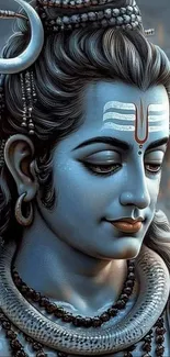 A serene depiction of Lord Shiva with intricate details and a blue hue.