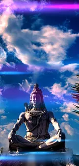 Lord Shiva meditating under a vibrant blue sky with clouds.