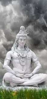 Shiva statue with stormy sky background and rain, showcasing tranquility.