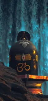 Shiva Lingam with waterfall background.