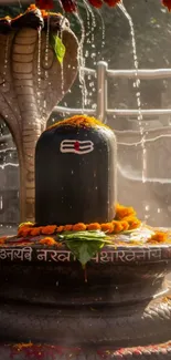 Shiva Lingam with marigolds under a waterfall in serene setting.