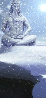 Serene Shiva in meditation amidst ethereal blue glow with calming snowfall effect.