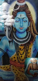 Illustration of Lord Shiva meditating in a blue mountainous background.