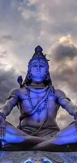 Lord Shiva in meditation under dramatic cloudy sky wallpaper.