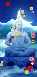 Shiva meditating under moon in blue night wallpaper.