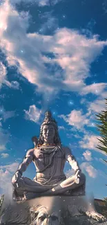 Mobile wallpaper of Shiva meditating under a celestial sky.