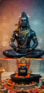 Serene Shiva statue with decorative malas and candlelight setting.