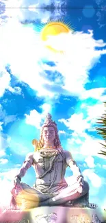 Statue of Shiva with a vibrant blue sky background.