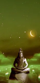 Shiva meditating under crescent moon amid green aura.