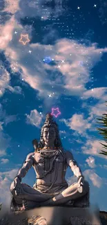 Shiva statue under a vibrant star-filled sky.