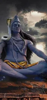 Lord Shiva statue under dark stormy sky on a mobile wallpaper.