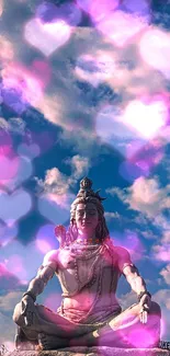 Serene Shiva statue under a cloudy, pink-tinted sky.