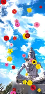 Shiva statue under a floral sky with floating flowers and clouds.