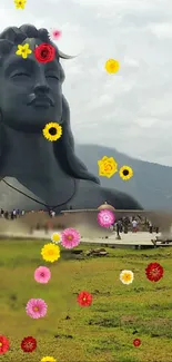 Shiva statue adorned with colorful flowers and serene landscape.