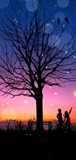 Silhouette of tree and people under a vibrant purple night sky.