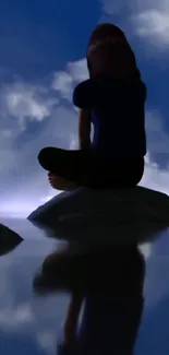 Silhouette on a rock reflects in water under a cloudy evening sky.