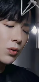 Close-up of a singer in a studio with a microphone, eyes closed.