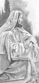 Black and white sketch of a seated, robed figure in thought.