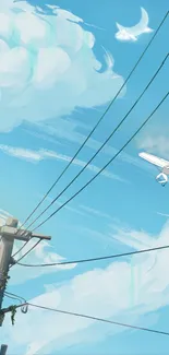 Illustrated serene sky with clouds and small airplane.