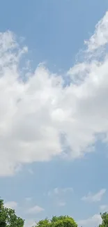 Tranquil sky with fluffy clouds and green trees.