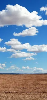 Vast field with blue sky and fluffy clouds wallpaper.