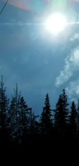 Sunlit sky with forest silhouette and fluffy clouds.