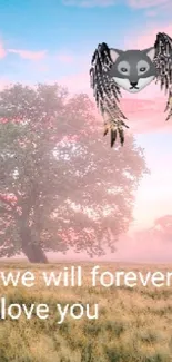 Serene landscape with owl and pink sky wallpaper.