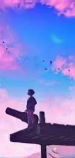 Anime art with a lone figure under pink clouds against a blue sky.