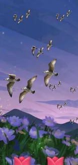 Wallpaper with birds flying over a floral field against a serene evening sky.