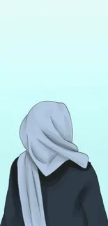 Illustration of a figure with a hijab looking at a serene, sky-blue background.