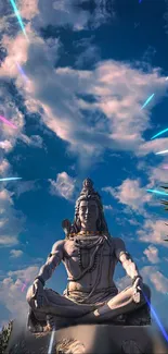 Shiva statue under vivid sky with clouds and radiant streaks.