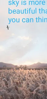 A serene mobile wallpaper with sky, mountains, and birds.