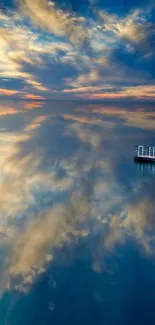 A serene scene of a reflective sky over calm waters with a lone boat.