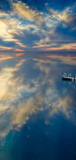 Serene sky reflecting on calm water at sunset with a small boat.