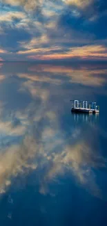 Floating dock reflecting in calm, mirrored water under colorful cloudy sky.