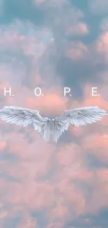 Hope message with angel wings on pastel sky wallpaper.