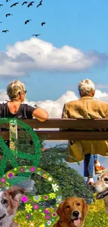 Elderly couple with dogs under clear sky.