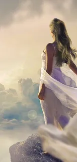 Woman in white dress gazing at cloudy horizon, embodying serenity and beauty.