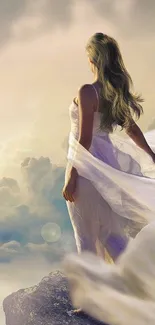 Woman stands on rock with flowing dress against cloudy sky.