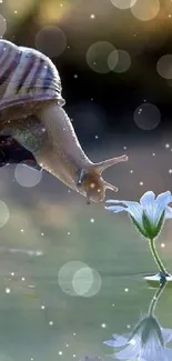 Snail and flower reflected in a serene pond, creating a tranquil nature scene.