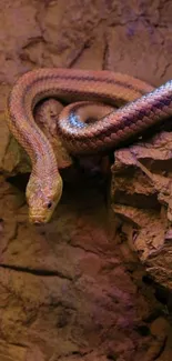 Snake coiled on a textured rock wall.