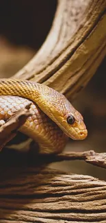 Snake coiled on rustic branch mobile wallpaper