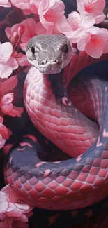 A snake wrapped among cherry blossoms in a pink-toned wallpaper.