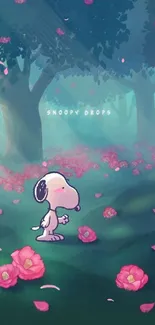 Snoopy walks in floral forest with pink blooms.