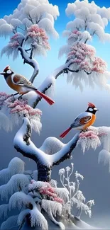 Snowy scene with birds on frosted branches and gradient sky.